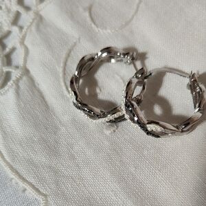 Twisted Silver and Pearl Hoop Earrings